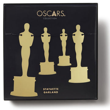 front view of the box of the gold Oscar statuette garland